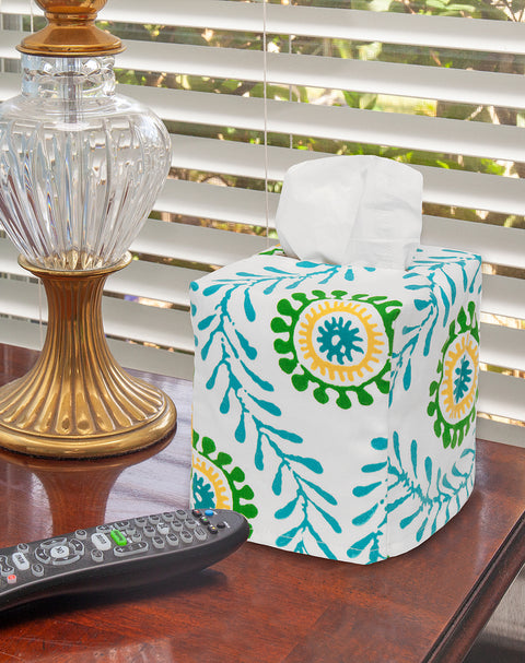 Fabric Tissue Box Cover, Facial Tissue Holder Slipcover, Slips Over Square Cube Cardboard Boxes -Decorative Turquoise Blue Block Print Cotton Waverly Fabric, Made in USA - Decorative Things