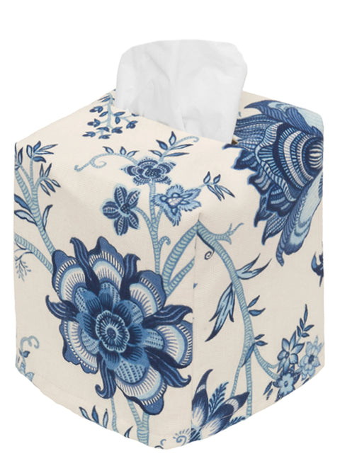 Fabric Tissue Box Cover, Tissue Holder Slipcover, Slips Over Square Cube Cardboard Facial Tissue Boxes -Decorative Cotton Blue Floral Fabric, Made in USA - Decorative Things