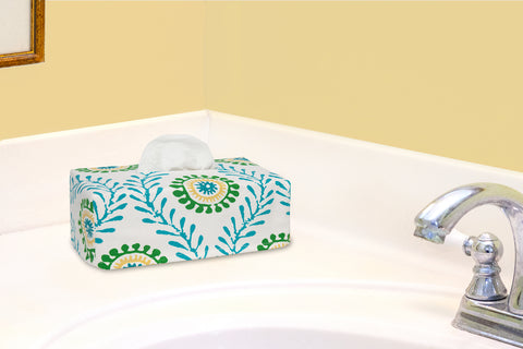 Fabric Tissue Box Cover, Facial Tissue Holder Slipcover, Slips Over Rectangular Cardboard Boxes -Decorative Turquoise Blue Block Print Cotton Waverly Fabric, Made in USA