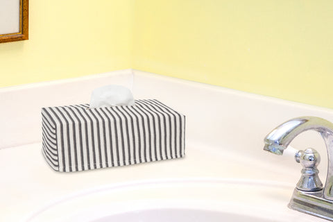 Fabric Tissue Box Cover, Tissue Holder Slipcover, Slips Over Rectangular Cardboard Box -Decorative Black and White Bathroom Decor Ticking Stripe, Cotton, Lined