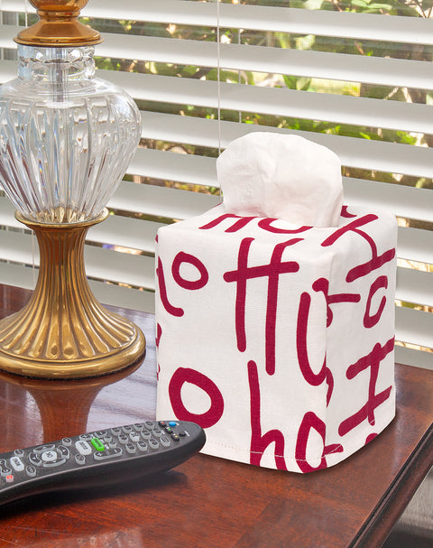 Tissue Box Cover, HoHoHo Fabric Slipcover, Fits Over Cardboard Tissue Holders, Folds Flat, Christmas Bathroom Decor, Bedroom, Desk Accessories, Square Cube Tissue Dispenser, Lined Made in USA