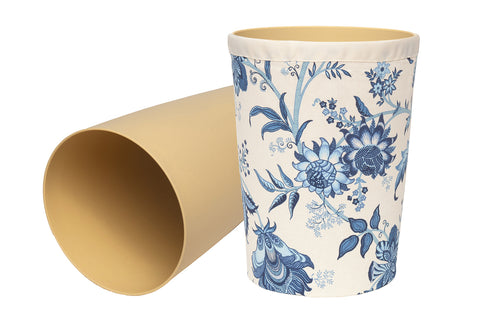 Bathroom Trashcan Small Garbage Can, 11.75", Bathroom Décor Bedroom, Home Office, Powder Room, Plastic Wastebasket Bin and Removable Blue Floral Cover - Decorative Things