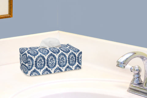 Fabric Tissue Box Cover, Tissue Holder Slipcover, Slips Over Rectangular Cardboard Boxes -Decorative Blue Block Print Cotton Fabric, Made in USA