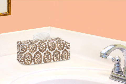 Fabric Tissue Box Cover, Tissue Holder Slipcover, Slips Over Rectangular Cardboard Boxes -Decorative Brown Block Print Cotton Fabric, Made in USA