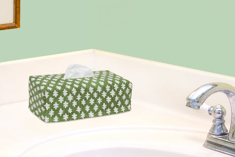 Fabric Tissue Box Cover, Tissue Holder Slipcover, Slips Over Rectangular Cardboard Facial Tissue Boxes -Decorative Green Block Print Cotton Fabric, Made in USA - Decorative Things