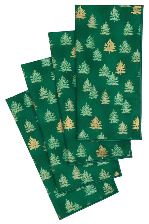 Christmas Napkins 18" x 18" Cloth Napkins, Elegant 100% Cotton Linen Napkins, Dinner Napkins for Christmas Table Décor, Christmas Table Setting, Holiday Party, Small Trees Fabric Gold on Green - Decorative Things