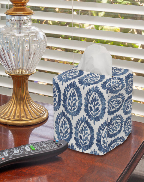 Fabric Tissue Box Cover, Tissue Holder Slipcover, Slips Over Square Cube Cardboard Facial Tissue Boxes -Decorative Blue Blockprint Cotton Fabric, Made in USA - Decorative Things