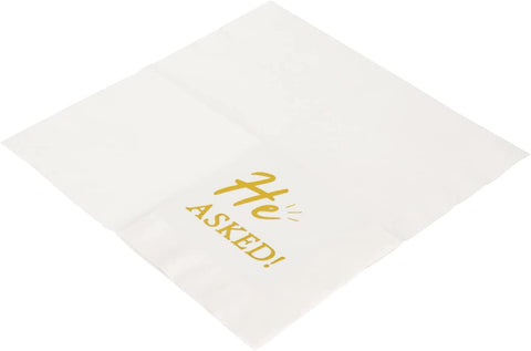 Bridal Shower Bachelorette Party Napkins Paper Napkins Cocktail Napkins 'He Asked!' Disposable Napkins Gold Party Decorations for Wedding Engagement 5" x 5" Pk 30 - Decorative Things