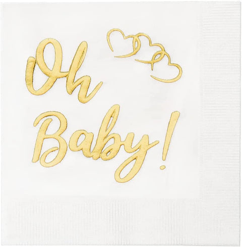 Decorative Paper Napkins Gold Cocktail Napkins Disposable Napkins Oh Baby Shower Decorations for Girl or Baby Boy Shower Decorations, Gender Reveal Ideas Party Supplies 5"x5" Pk 30 - Decorative Things