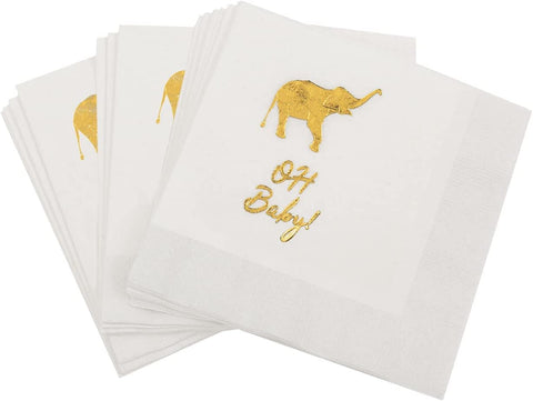 Oh Baby Shower Decorations Neutral- Jungle Theme Baby Shower Napkins, Cocktail Napkins and Welcome Little One Napkins- Oh Baby Napkins for Boy or Girl - Gold and White, Paper- 5" x 5" Pk 30 - Decorative Things