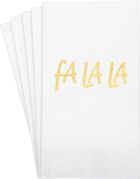 Decorative Paper Hand Towels with Fa La La Decorations, Guest Towels, Disposable Bathroom Hand Towels, Fingertip Towels, Dinner Napkins - Elegant White and Gold Christmas Napkins - 32 Count - Decorative Things