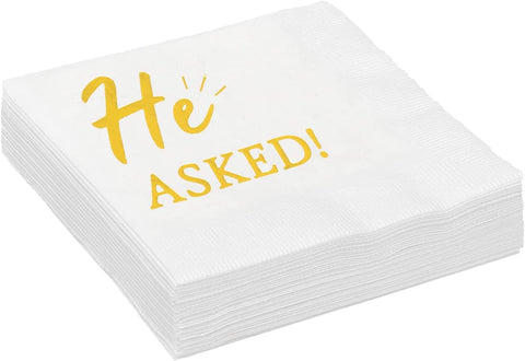 Bridal Shower Bachelorette Party Napkins Paper Napkins Cocktail Napkins 'He Asked!' Disposable Napkins Gold Party Decorations for Wedding Engagement 5" x 5" Pk 30 - Decorative Things