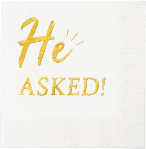 Bridal Shower Bachelorette Party Napkins Paper Napkins Cocktail Napkins 'He Asked!' Disposable Napkins Gold Party Decorations for Wedding Engagement 5" x 5" Pk 30 - Decorative Things