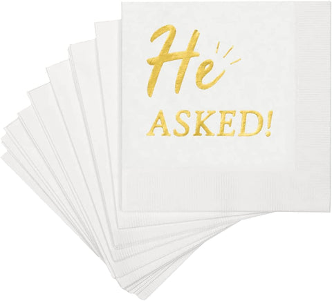 Bridal Shower Bachelorette Party Napkins Paper Napkins Cocktail Napkins 'He Asked!' Disposable Napkins Gold Party Decorations for Wedding Engagement 5" x 5" Pk 30 - Decorative Things