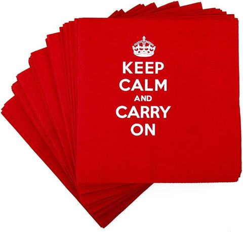 Decorative Paper Napkins Disposable Cocktail Napkins, Red Party Napkins, Beverage Napkins, Keep Calm and Carry On, Inspired by Queen Elizabeth II 5" x 5" Pk 30 - Decorative Things