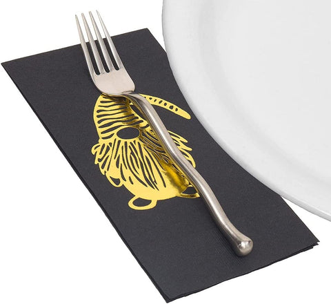 Decorative Paper Hand Towels with Gnome Decorations, Guest Towels, Disposable Bathroom Hand Towels, Fingertip Towels, Dinner Napkins - Elegant Black Napkins or Gold Napkins -Gnomes - 32 Count - Decorative Things