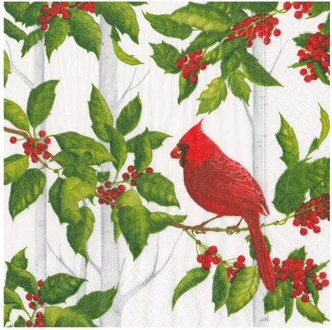 Holly And Songbirds White & Silver Cocktail Napkins - 20 Per Package - 2 Units - Decorative Things