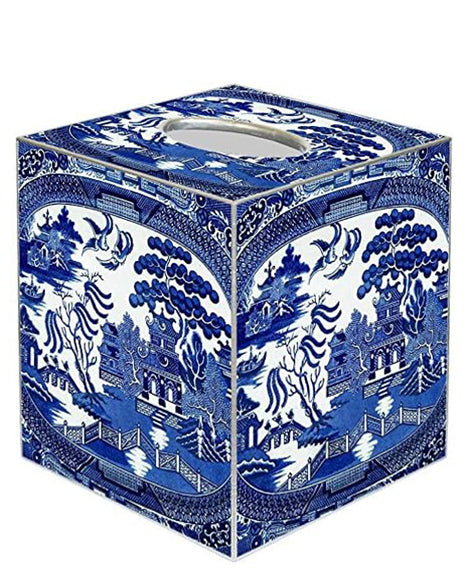 Kelly Tissue Box Cover Tissue Holder Square Cube Decorative Blue Bathroom Decor Accessories Blue Willow Print Paper Mache - Decorative Things