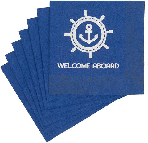 Cocktail Napkins Decorative Paper Napkins Disposable for Beach Wedding, Beach Party Boat Yacht Blue Nautical Decor Coastal Welcome Aboard 5"x 5" Pk 20 - Decorative Things