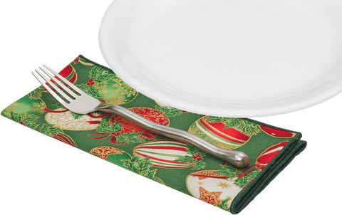 Christmas Napkins 18" x 18"Cloth Dinner Napkins, Elegant 100% Cotton Linen Napkins, Set of 4 Cloth Napkins for Christmas Table Decorations and Christmas Table Setting, Green Christmas Ornaments Print - Decorative Things