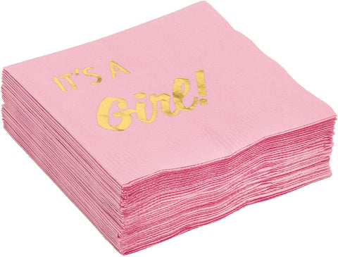 Decorative Paper Napkins Cocktail Napkins Disposable Napkins It's a Girl Baby Shower Decorations for Girl, Gender Reveal Ideas Pink and Gold 5"x5" Pk 30 - Decorative Things