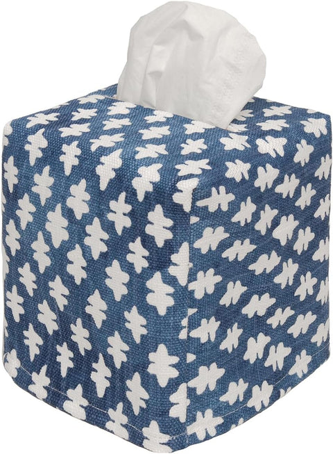 Fabric Tissue Box Cover, Tissue Holder Slipcover, Slips Over Square Cube Cardboard Facial Tissue Boxes Blue Blockprint Decorative Cotton Fabric, Made in USA - Decorative Things