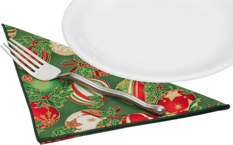 Christmas Napkins 18" x 18"Cloth Dinner Napkins, Elegant 100% Cotton Linen Napkins, Set of 4 Cloth Napkins for Christmas Table Decorations and Christmas Table Setting, Green Christmas Ornaments Print - Decorative Things