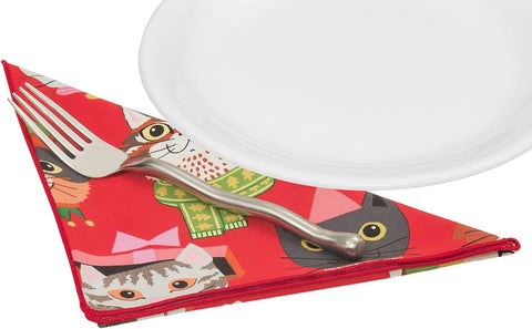 Christmas Napkins 18" x 18" Cloth Dinner Napkins, 100% Cotton Linen Napkins, Red Cloth Napkins Set of 4, Christmas Table Decor, Crazy Cat Lady Gifts for Cat Lovers, Cat Christmas Decorations - Decorative Things