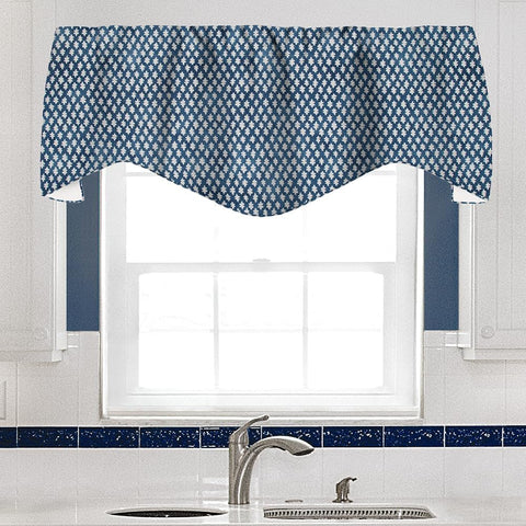 Blue Curtains Valances for Windows, Kitchen Curtain, Living Room, Bathroom Swag Topper Rod Pocket Small Block Print Lined Made in USA 53x18 Inches - Decorative Things
