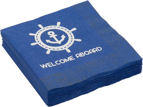 Cocktail Napkins Decorative Paper Napkins Disposable for Beach Wedding, Beach Party Boat Yacht Blue Nautical Decor Coastal Welcome Aboard 5"x 5" Pk 20 - Decorative Things