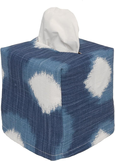 Fabric Tissue Box Cover, Tissue Holder Slipcover, Slips Over Square Cube Cardboard Facial Tissue Boxes -Decorative Blue Polka Dot Cotton Fabric, Made in USA - Decorative Things
