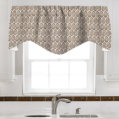 Brown Curtains Valance for Windows, Kitchen Curtain, Living Room, Bathroom Swag Rod Pocket Wood Block Print Motif, Lined, Made in USA 53x18 Inches - Decorative Things