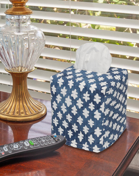 Fabric Tissue Box Cover, Tissue Holder Slipcover, Slips Over Square Cube Cardboard Facial Tissue Boxes Blue Blockprint Decorative Cotton Fabric, Made in USA - Decorative Things