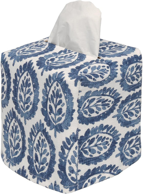 Fabric Tissue Box Cover, Tissue Holder Slipcover, Slips Over Square Cube Cardboard Facial Tissue Boxes -Decorative Blue Blockprint Cotton Fabric, Made in USA - Decorative Things