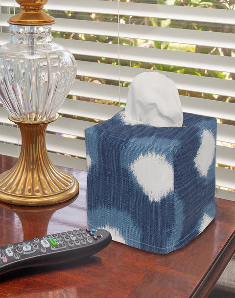 Fabric Tissue Box Cover, Tissue Holder Slipcover, Slips Over Square Cube Cardboard Facial Tissue Boxes -Decorative Blue Polka Dot Cotton Fabric, Made in USA - Decorative Things
