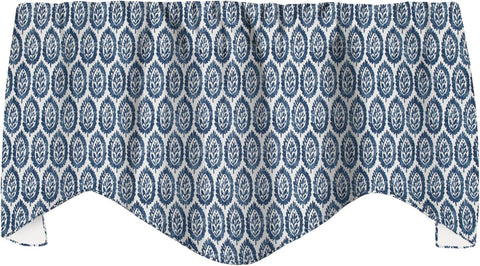 Blue Curtain Valance for Windows, Kitchen Curtain, Living Room, Bathroom, Swag Rod Pocket, Wood Block Print Motif Lined Made in USA, 53x18 Inches - Decorative Things
