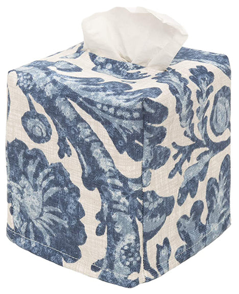 Fabric Tissue Box Cover, Tissue Holder Slipcover, Slips Over Square Cube Cardboard Facial Tissue Boxes -Decorative Cotton Blue Williamsburg Print Fabric, Made in USA - Decorative Things