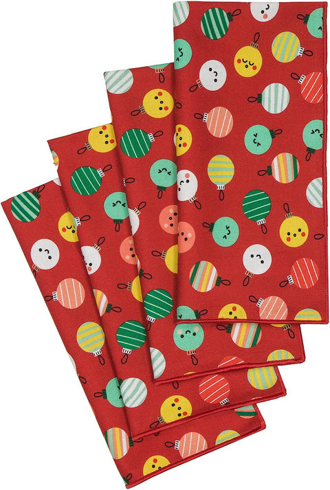 Christmas Napkins 18" x 18"Cloth Dinner Napkins, Elegant 100% Cotton Linen Napkins, Set of 4 Cloth Napkins for Christmas Table Decorations and Christmas Table Setting, Red Christmas Ornaments Print - Decorative Things