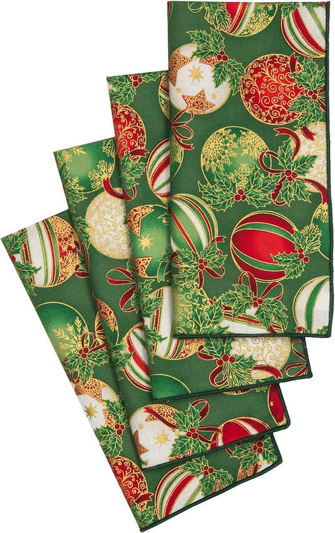 Christmas Napkins 18" x 18"Cloth Dinner Napkins, Elegant 100% Cotton Linen Napkins, Set of 4 Cloth Napkins for Christmas Table Decorations and Christmas Table Setting, Green Christmas Ornaments Print - Decorative Things