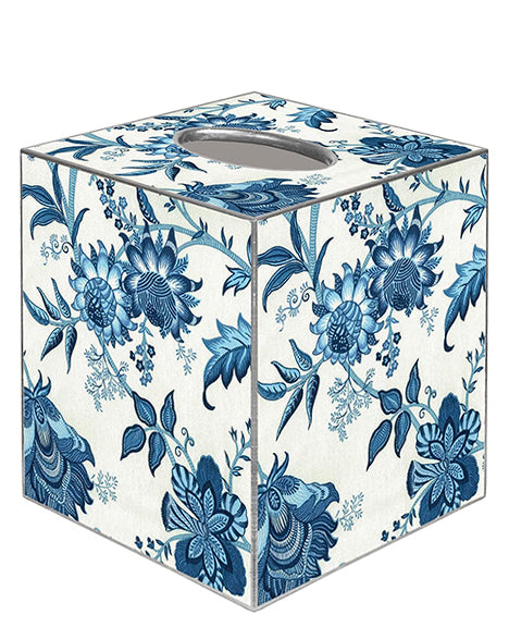 Tissue Box Cover Tissue Holder Square Cube Blue and White Bathroom Decor, 5" x 5" Cube Fits Most - Made in USA of Papier Mache - Decorative Things