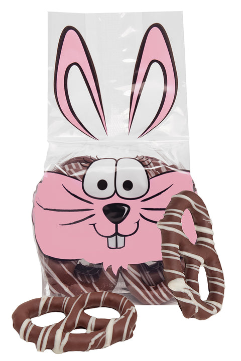 Chocolate Covered Pretzels in Easter Bunny Gift Bag for Easter Basket Stuffers, Easter Table Decorations, Easter Egg Hunt Dessert, 4 Chocolate Pretzels with White Chocolate Drizzle - Decorative Things