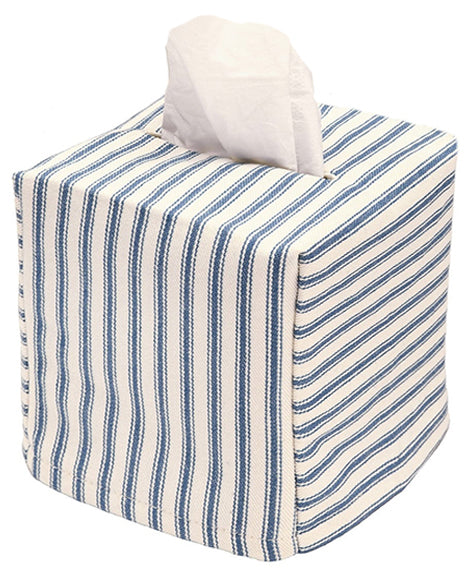 Fabric Tissue Box Cover, Tissue Holder Slipcover, Slips Over Square Cube Cardboard Facial Tissue Boxes -Decorative Blue Bathroom Decor Ticking Stripe, Cotton, Lined - Decorative Things