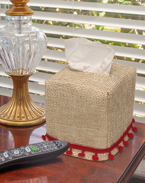 Tissue Box Cover - Christmas Bathroom Decor, Bathroom Accessories - Burlap Tissue Holder Slip Cover, Red Pom Poms– One Size Fits Most Cardboard Tissue Boxes – Square Cube Tissue Dispenser Made in USA - Decorative Things