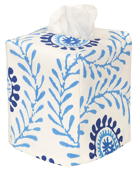 Fabric Tissue Box Cover, Tissue Holder Slipcover, Slips Over Square Cube Cardboard Facial Tissue Boxes -Decorative Blue Block Print Cotton Waverly Fabric, Made in USA - Decorative Things