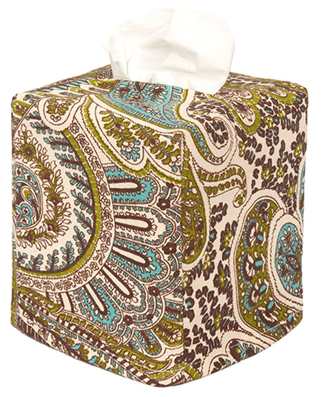 Fabric Tissue Box Cover, Tissue Holder Slipcover, Slips Over Square Cube Cardboard Facial Tissue Boxes -Decorative Paisley Brown Bathroom Décor, Desk, Bedroom, Made in USA - Decorative Things