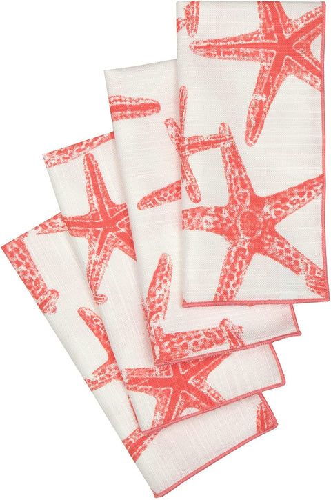 Decorative Things Cloth Napkins Cotton Linen Napkins - Summer Coastal Decor, Beach Wedding Napkins, Beach Party, Coral Starfish, Reusable Washable Soft Dinner Napkins - Made in USA 18" x 18" - Decorative Things