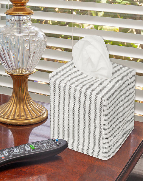 Tissue Box Cover Tissue Holder Square Cube Decorative Black and White Bathroom Decor Ticking Stripe - Decorative Things