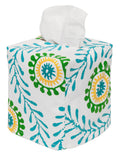 Fabric Tissue Box Cover, Facial Tissue Holder Slipcover, Slips Over Square Cube Cardboard Boxes -Decorative Turquoise Blue Block Print Cotton Waverly Fabric, Made in USA - Decorative Things
