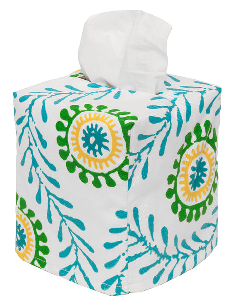 Fabric Tissue Box Cover, Facial Tissue Holder Slipcover, Slips Over Square Cube Cardboard Boxes -Decorative Turquoise Blue Block Print Cotton Waverly Fabric, Made in USA - Decorative Things