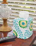 Fabric Tissue Box Cover, Facial Tissue Holder Slipcover, Slips Over Square Cube Cardboard Boxes -Decorative Turquoise Blue Block Print Cotton Waverly Fabric, Made in USA - Decorative Things
